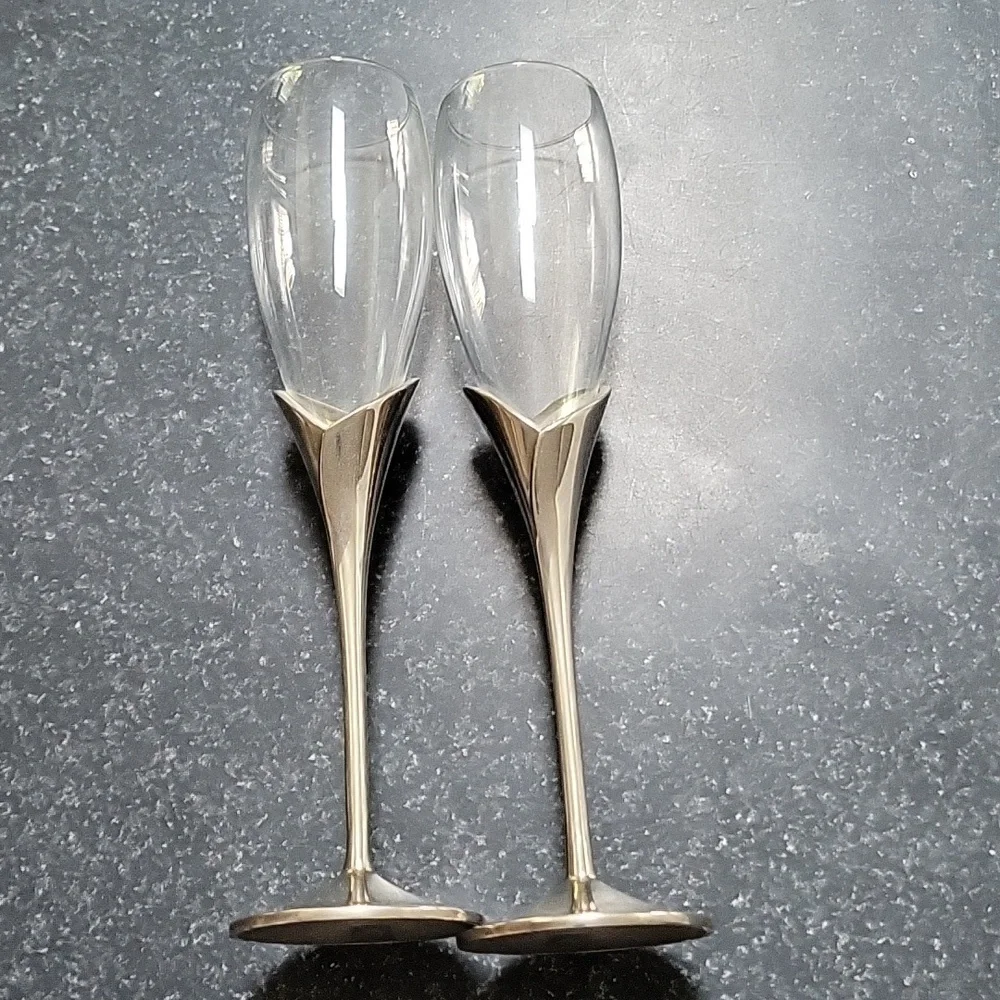 2 LENOX Crystal Champagne Flute Wedding Anniversary Silverplate Stems Heart Vtg